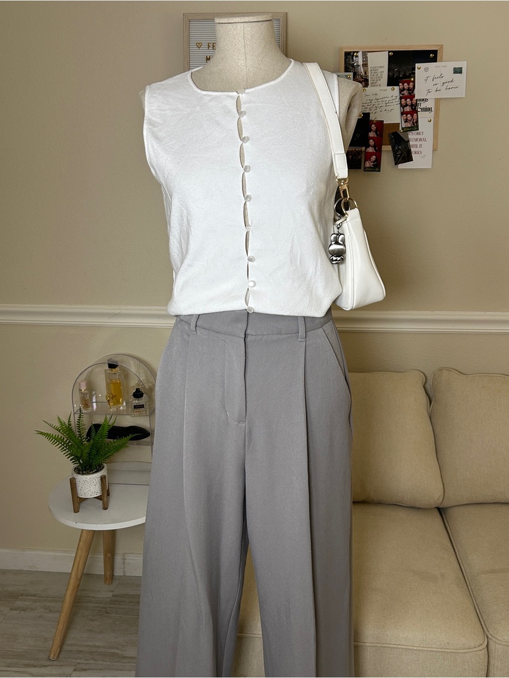 OAK + FORT White Button-Front Shell with Light Gray Wide-Leg Trousers